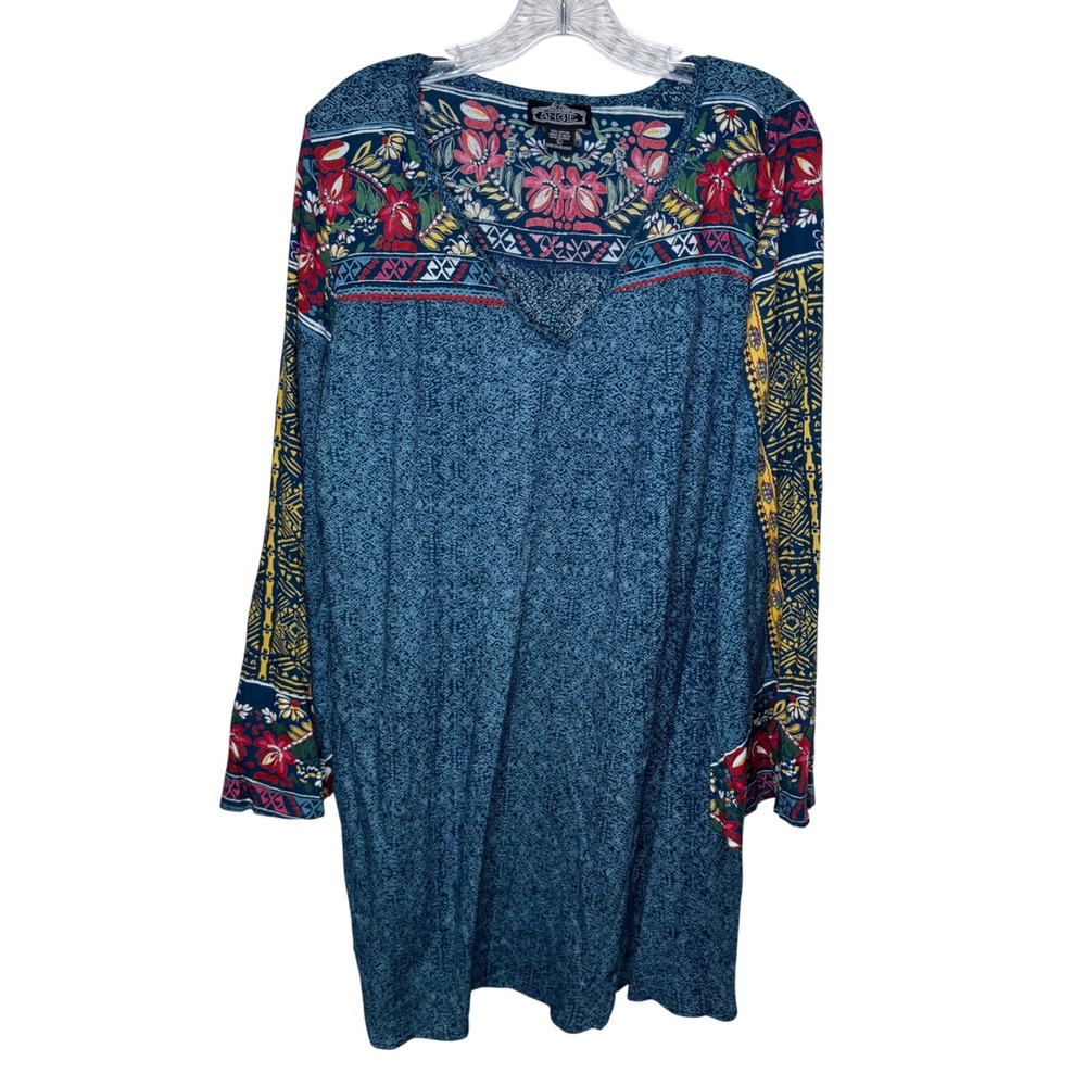 ANGIE‎ Boho Floral Print Long Sleeve V Neck Tunic Dress Blue Yellow Red Size L
